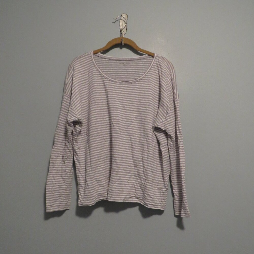 Eileen Fisher 100% Linen Gray and White Striped Long Sleeve Top Sz PL